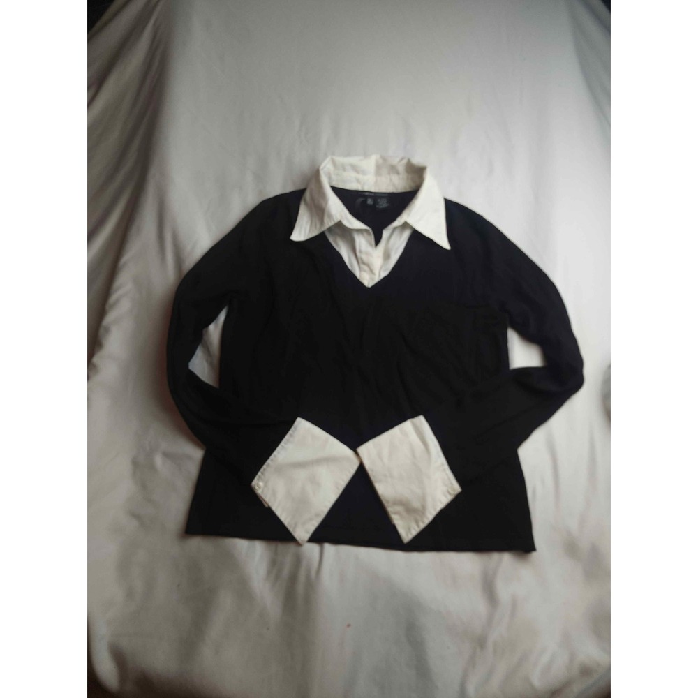 Michelle Nicole Black Knit Layered Look Sweater White Collar Cuffs Womens Size L